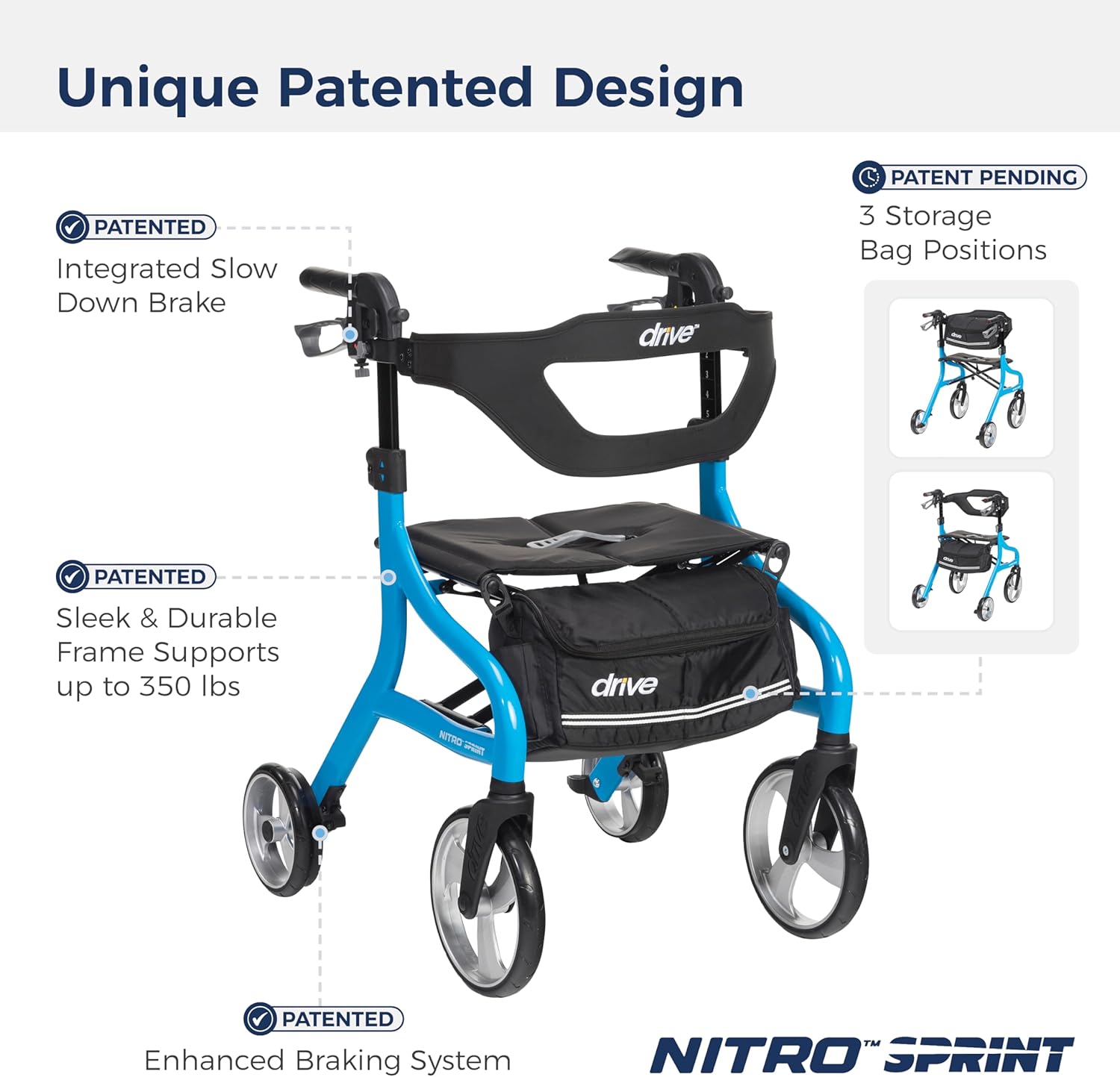 Drive Medical Nitro Sprint Foldable Rollator Walker with Seat