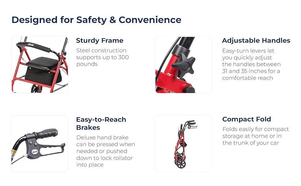 Drive Walker 4 Wheel Rollator Walker With Seat, Steel Rolling Walker, Height Adjustable