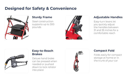 Drive Walker 4 Wheel Rollator Walker With Seat, Steel Rolling Walker, Height Adjustable