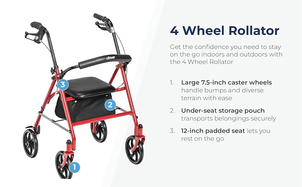 Drive Walker 4 Wheel Rollator Walker With Seat, Steel Rolling Walker, Height Adjustable