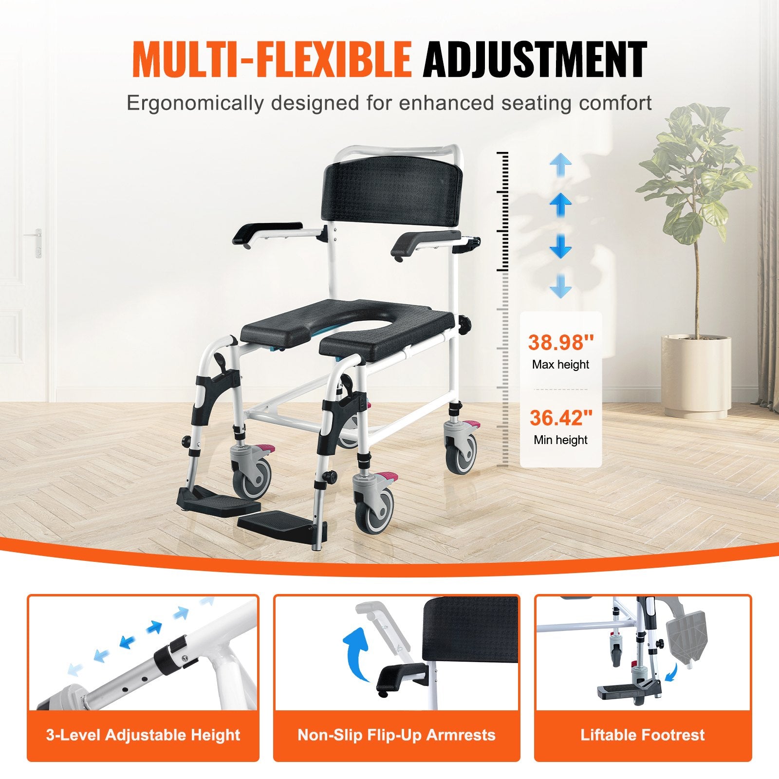 Shower Commode Wheelchair with 4 Lockable Wheels, Footrests, Flip-up Arms, 3-Level Adjustable Height, 5L Removable Bucket, 350 LBS Capacity, Commode Chair for Adults Seniors