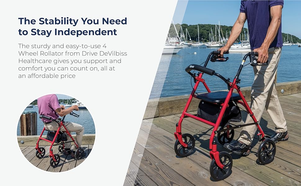Drive Walker 4 Wheel Rollator Walker With Seat, Steel Rolling Walker, Height Adjustable
