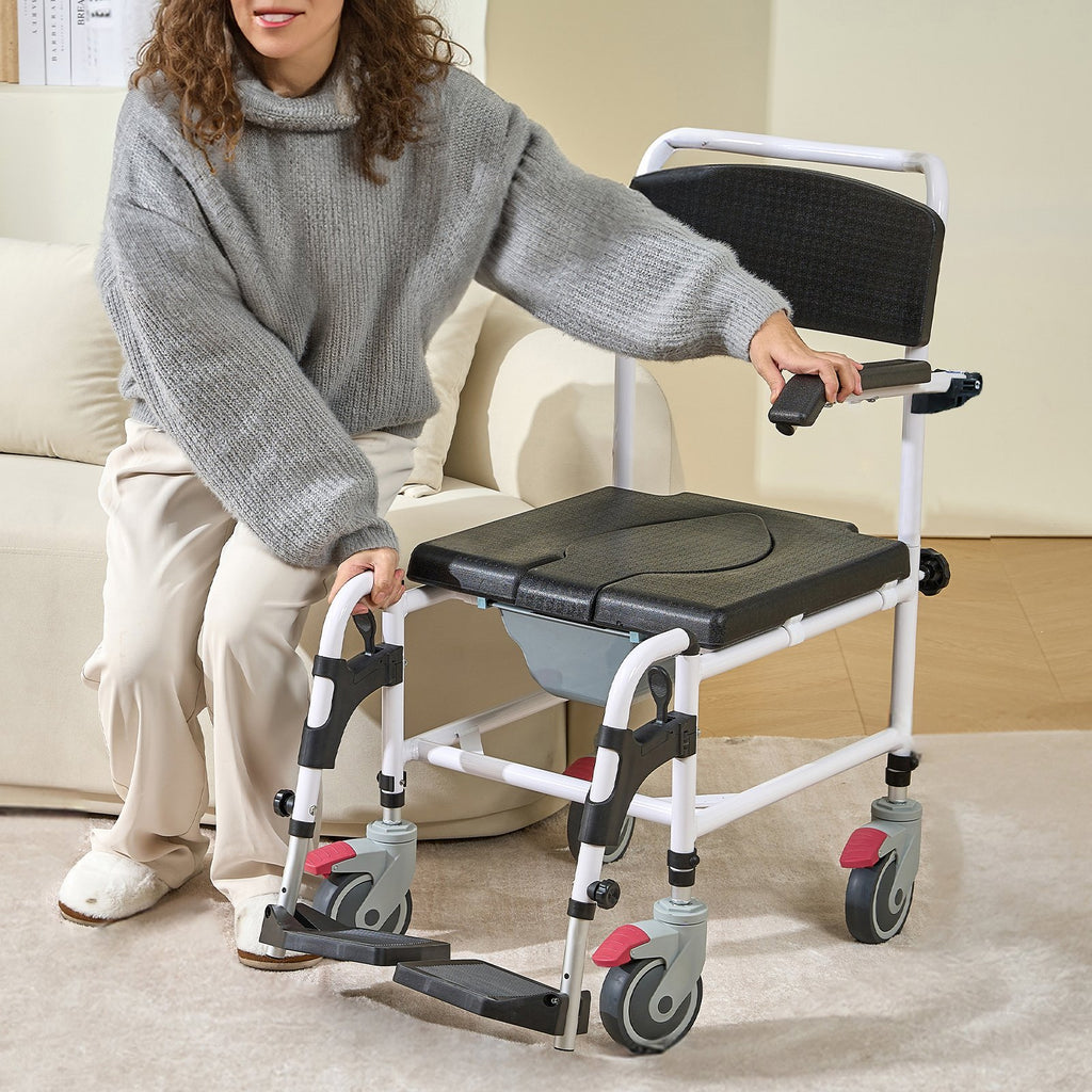 Shower Commode Wheelchair with 4 Lockable Wheels, Footrests, Flip-up Arms, 3-Level Adjustable Height, 5L Removable Bucket, 350 LBS Capacity, Commode Chair for Adults Seniors